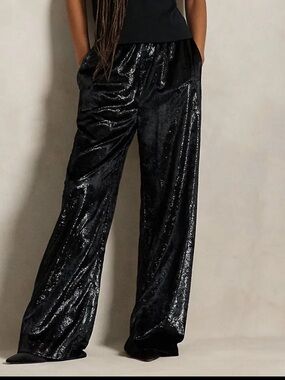 Ralph Lauren Black Wide-Leg Velvet Sequin Pants